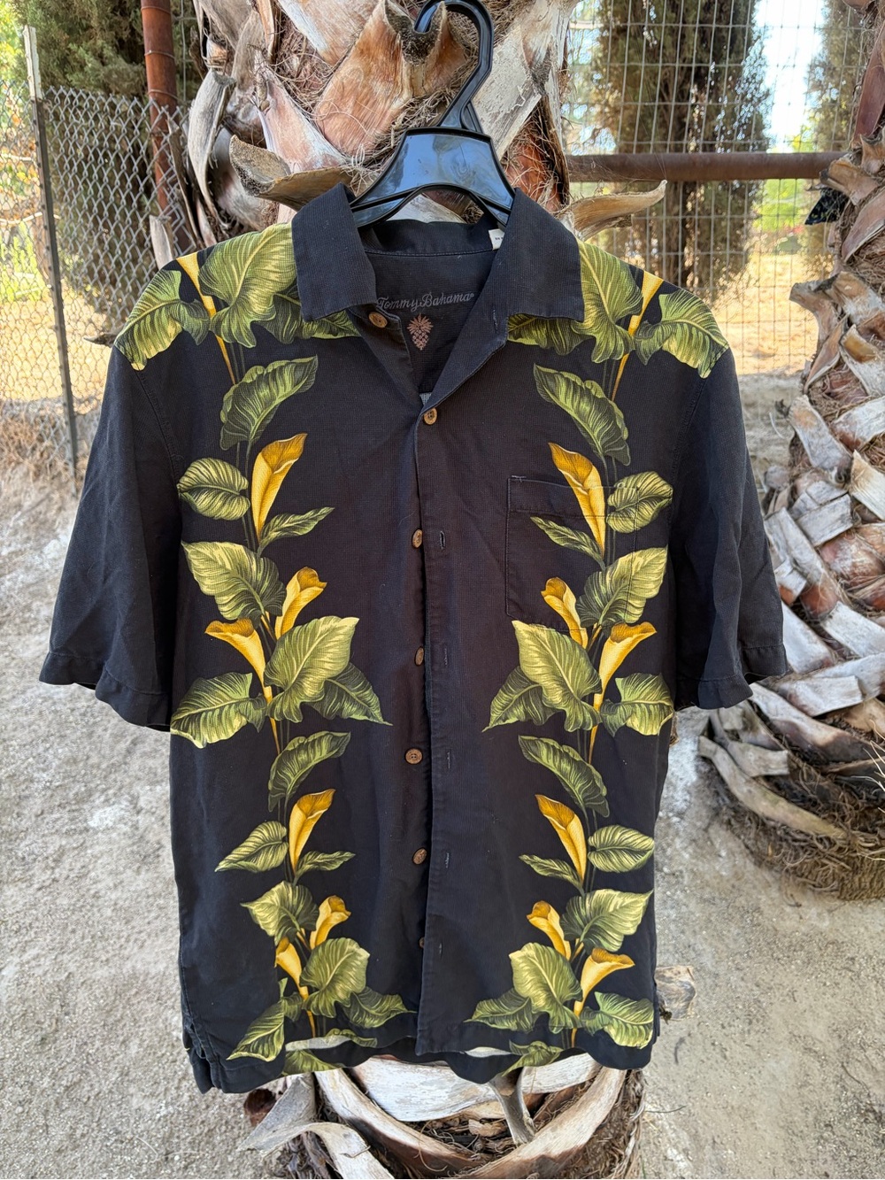 Tommy Bahama Men's Black Hawaiian Shirt with Yellow Floral Print silk